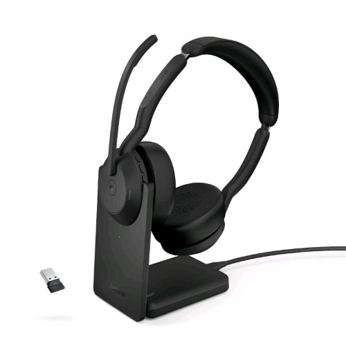 JABRA EVOLVE2 55 DUO MS LINK380 CUFFIE STEREO CON MICOFONO WIRELESS BLUETOOTH A PADIGLIONE CANCELAZIONE ATTIVA DEL RUMORE CON BASE DI RICARICA USB-A BLACK